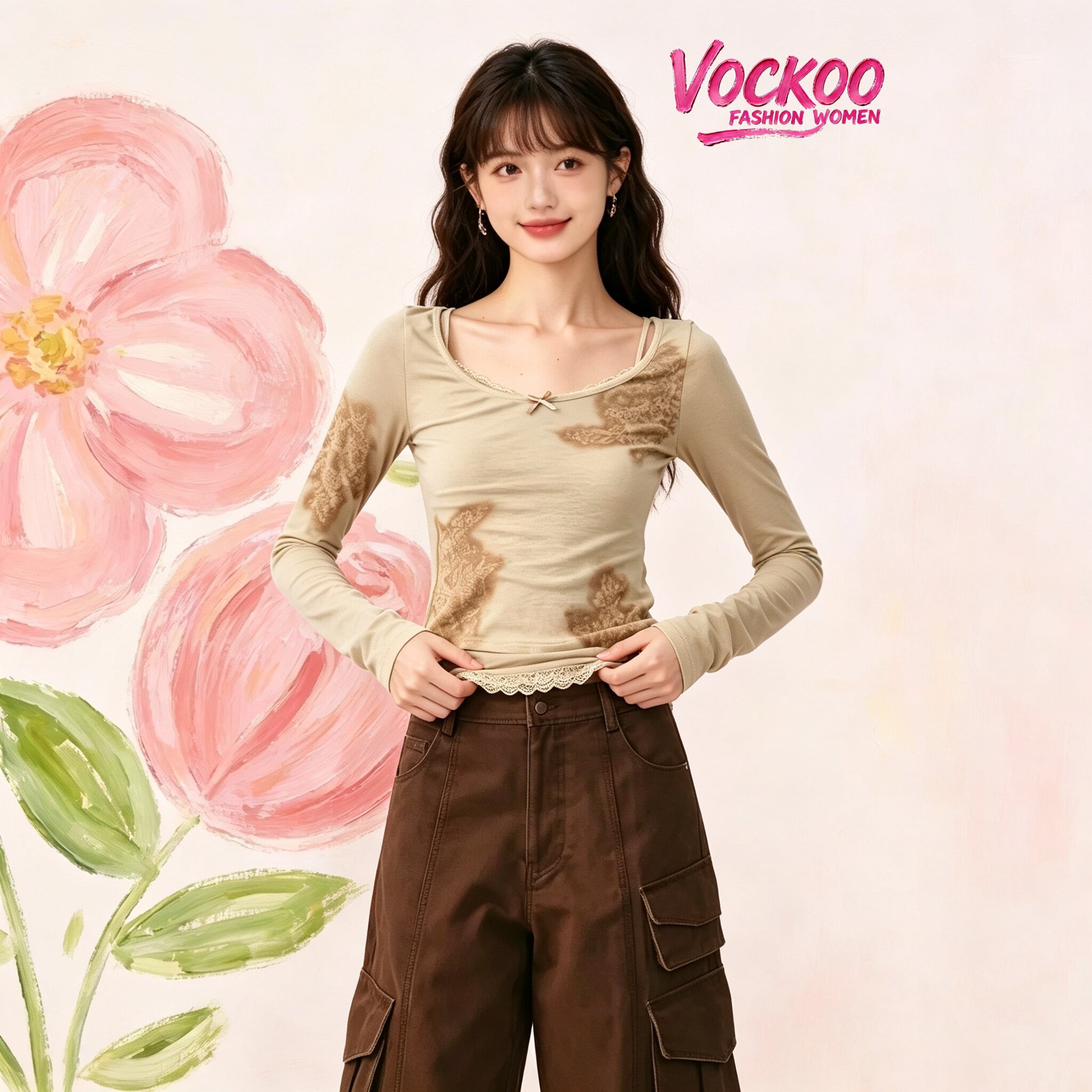 鞠婧祎VOCKOO同款2026秋原纱蕾丝印花真两件长袖打底衫T恤上衣女图片