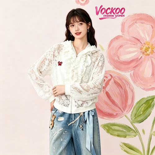 VOCKOO同款2026秋时尚原纱亲妈百搭休闲裤印花熊牛仔中裤女下装