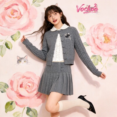 商场同款26春Vockoo丝带珠饰娃娃领针织开衫长袖上衣女D51ZM108S