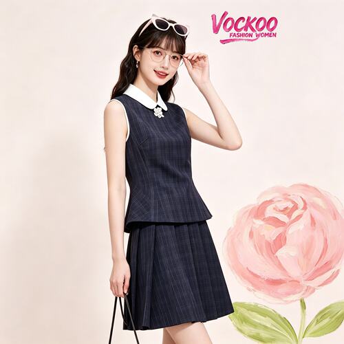 VOCKOO同款2026秋时尚套装学院百搭复古格纹修身无袖上衣衬衫女