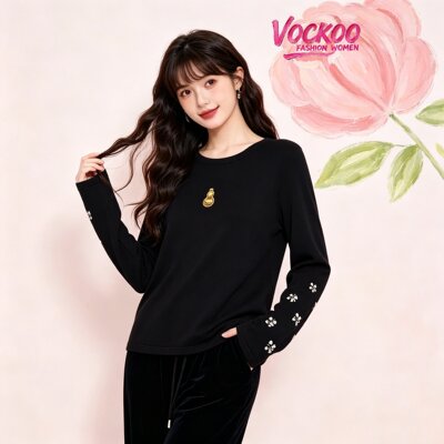 VOCKOO同款2026秋时尚百搭重工钉珠圆领针织打底衫薄款长袖T恤女