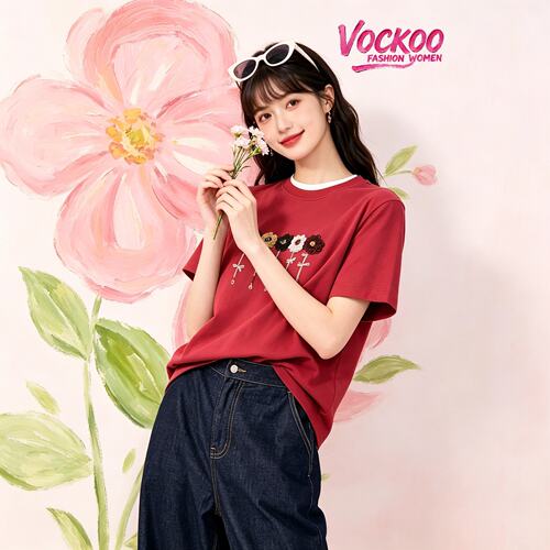 VOCKOO同款2026秋原纱时尚宽松纯棉立体花卉刺绣图案短袖T恤女
