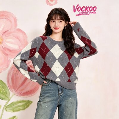 VOCKOO同款2026秋撞色菱格重工烫钻气质时尚百搭短圆领针织衫毛衣