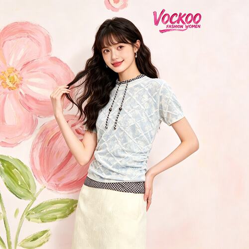 VOCKOO同款2026秋修身时尚莱赛尔混纺修身提花刺绣毛衣针织衫上衣