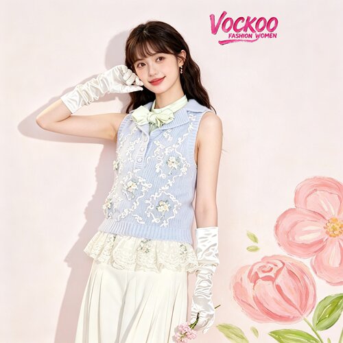 VOCKOO同款2026秋原纱千金百搭时尚珠饰盘花翻领显瘦针织背心上衣