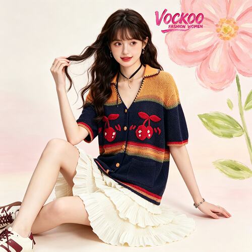 VOCKOO同款2026秋原纱时尚百搭动感樱桃复古手作动感樱桃针织衫女