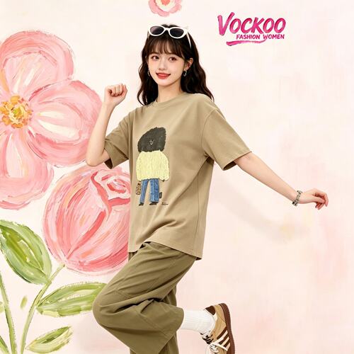商场同款26夏Vockoo宽松趣味贴布刺绣宽松休闲短袖T恤女2K1BA68T