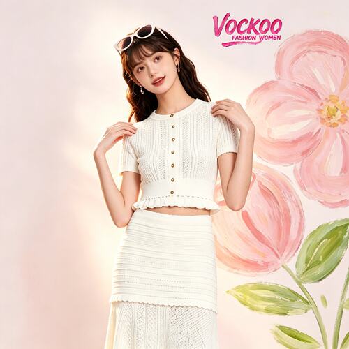 VOCKOO同款2026秋百搭法式时尚小荷叶边下摆针织上衣套装连衣裙女