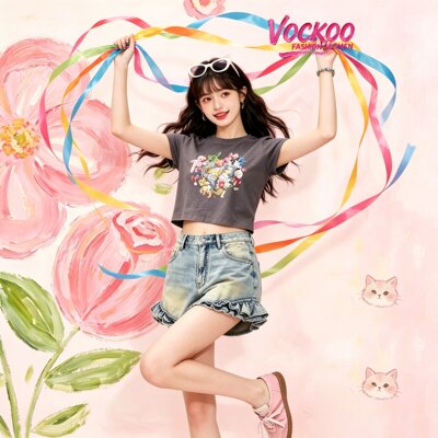 商场同款26夏Vockoo百搭辣妹荷叶边天丝棉牛仔休闲短裤女237168X