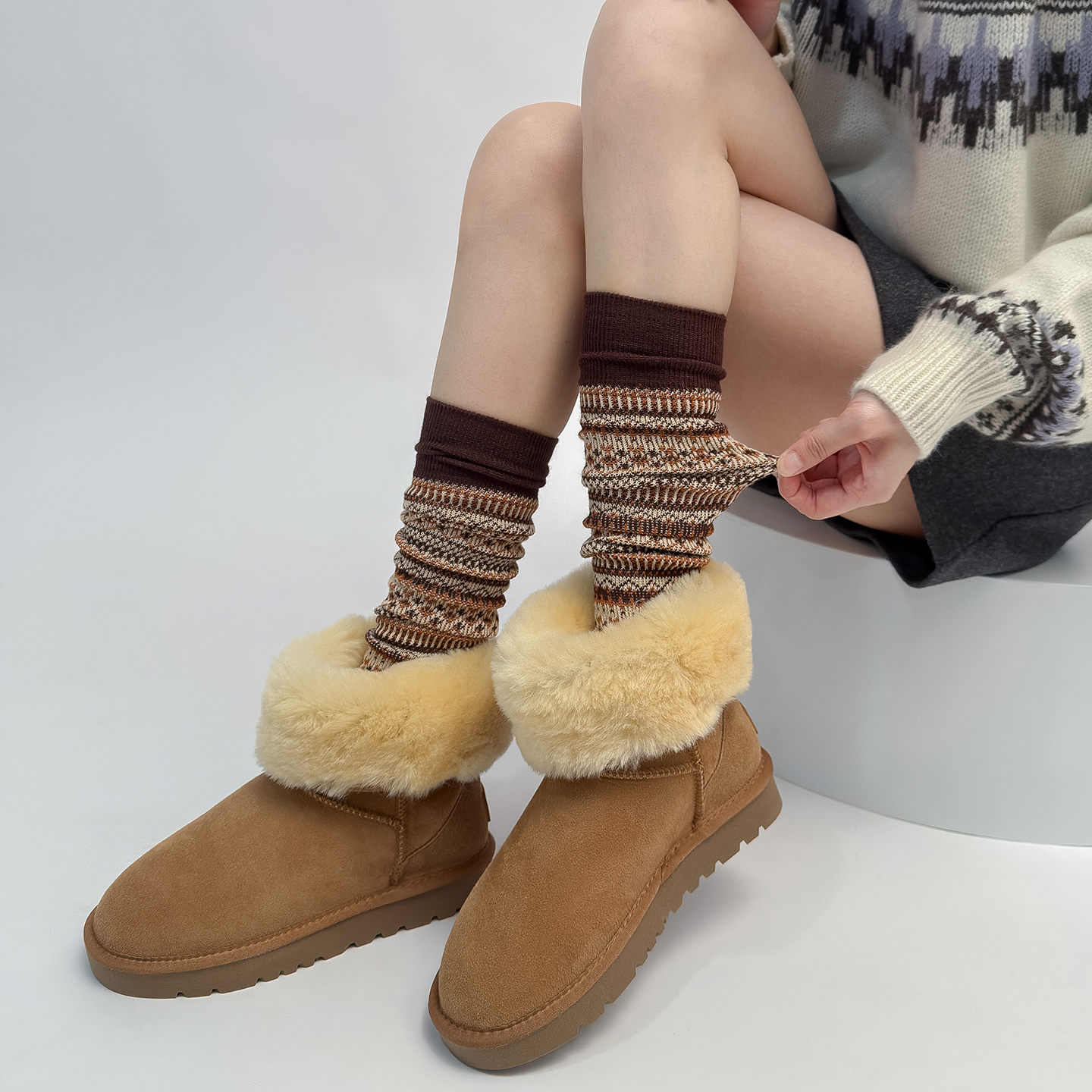 费尔岛袜子秋冬保暖小腿袜复古袜