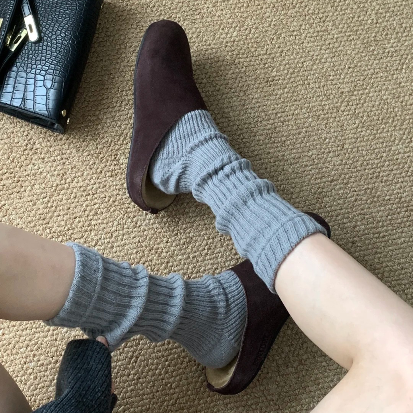 灰色袜套堆堆袜配勃肯鞋小腿袜女