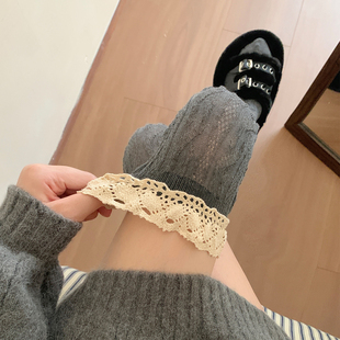灰色过膝袜女秋冬蕾丝长筒袜配靴子黑色小腿袜jk长袜过膝高筒袜女