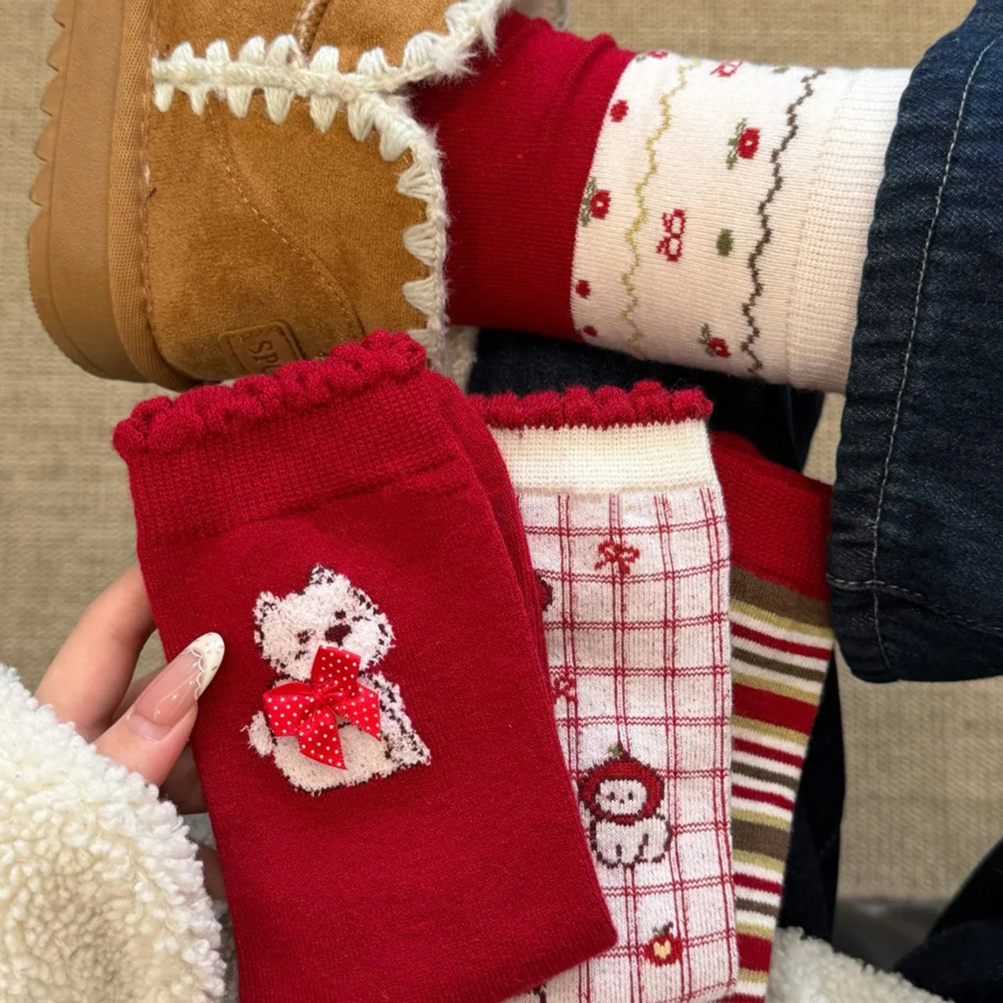 红色袜子女本命年新年袜子女款冬堆堆袜中筒袜雪地靴袜子圣诞袜子