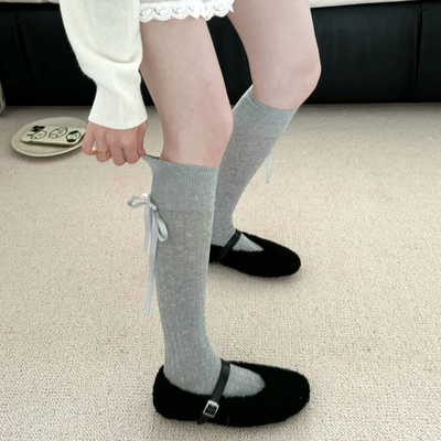 灰色小腿袜子女夏薄款蝴蝶结袜子