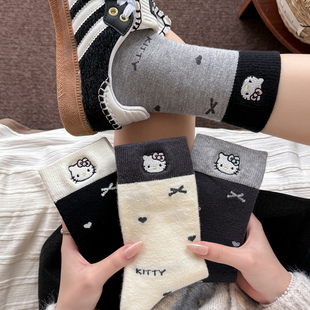 hellokitty袜子女秋冬白色堆堆袜灰色中筒袜配勃肯鞋的袜子冬加厚