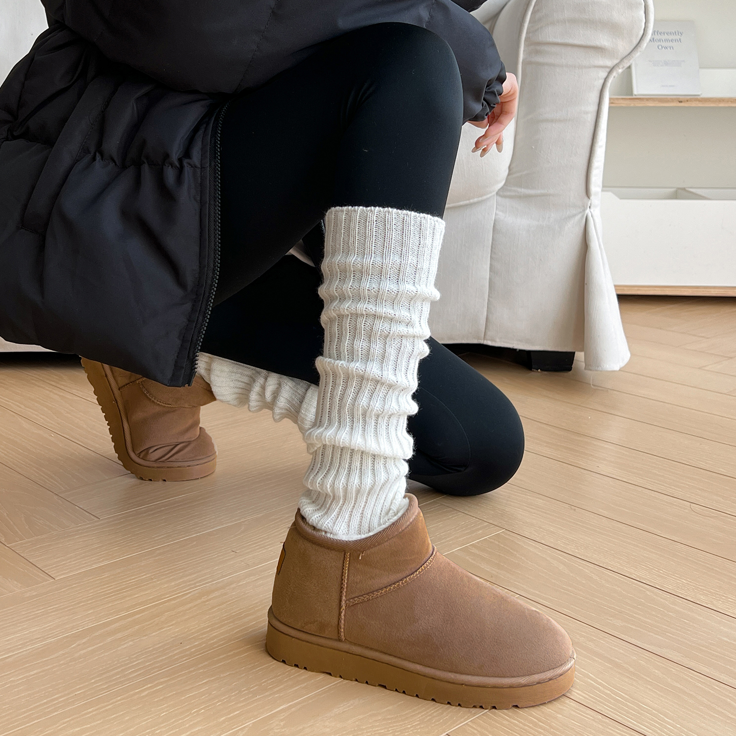 针织袜套配雪地靴堆堆袜