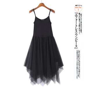 黑色连衣裙2023新款春季吊带背心网纱打底裙蕾丝内搭不规则长裙女