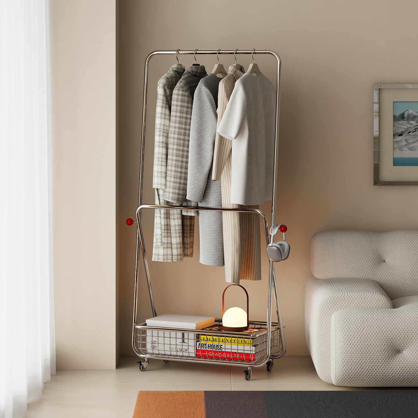 wotime卧室落地衣帽架家用可移动包豪斯不锈钢挂衣架隔夜衣收纳架