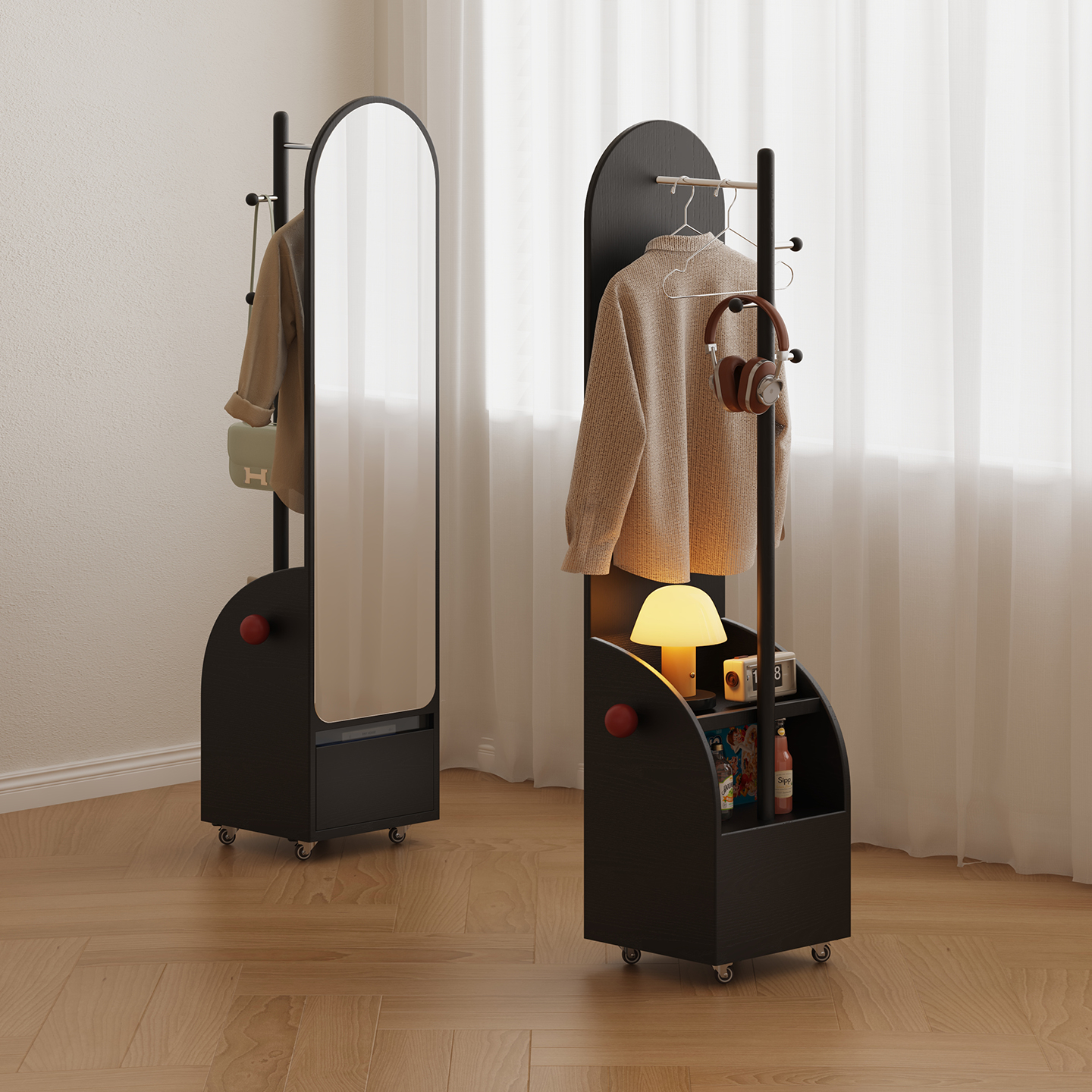 wotime衣帽架穿衣镜一体家用实木落地挂衣架可移动旋转卧室全身镜