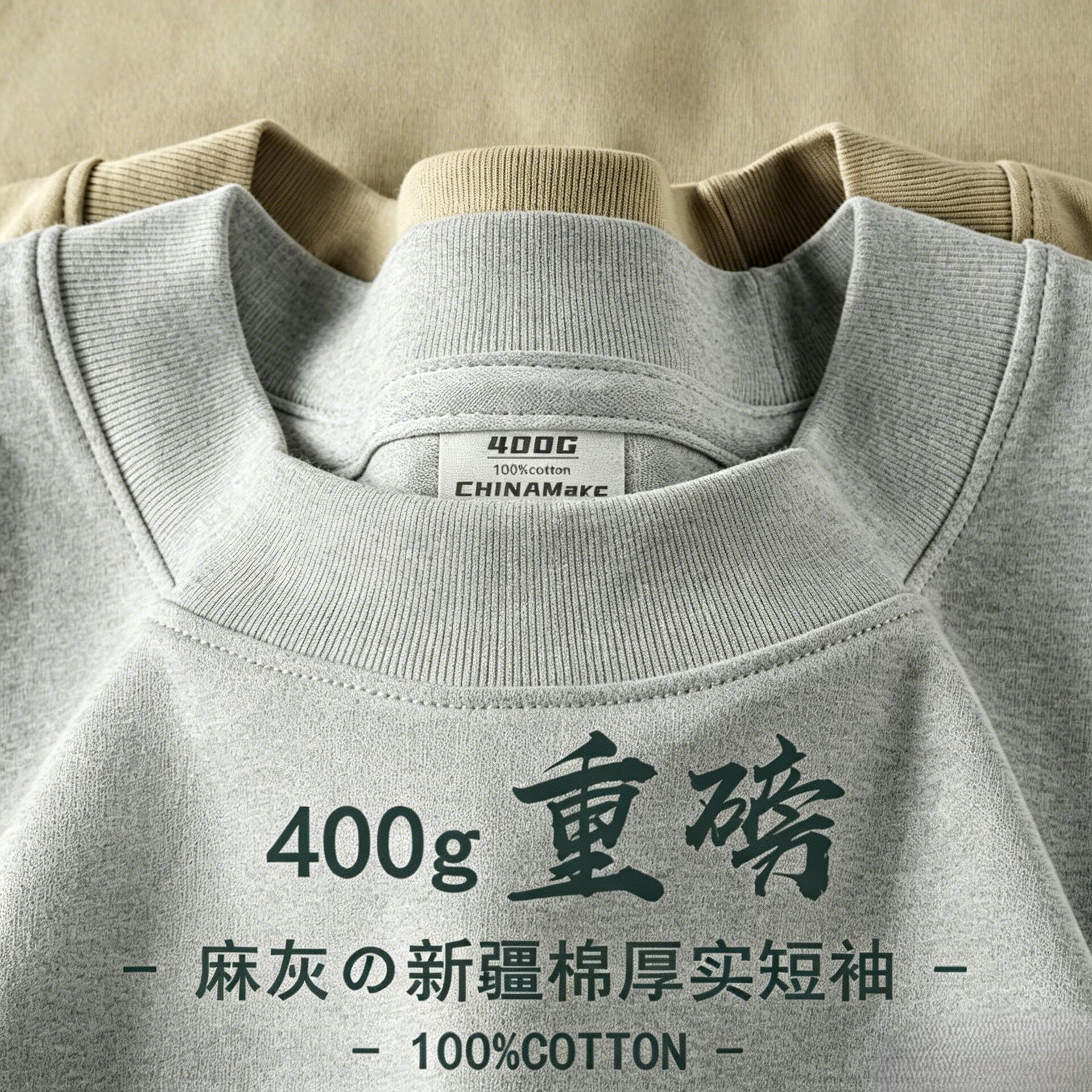 400g重磅纯棉麻灰色t圆领短袖T恤外穿潮流运动男女同款打底衫ins