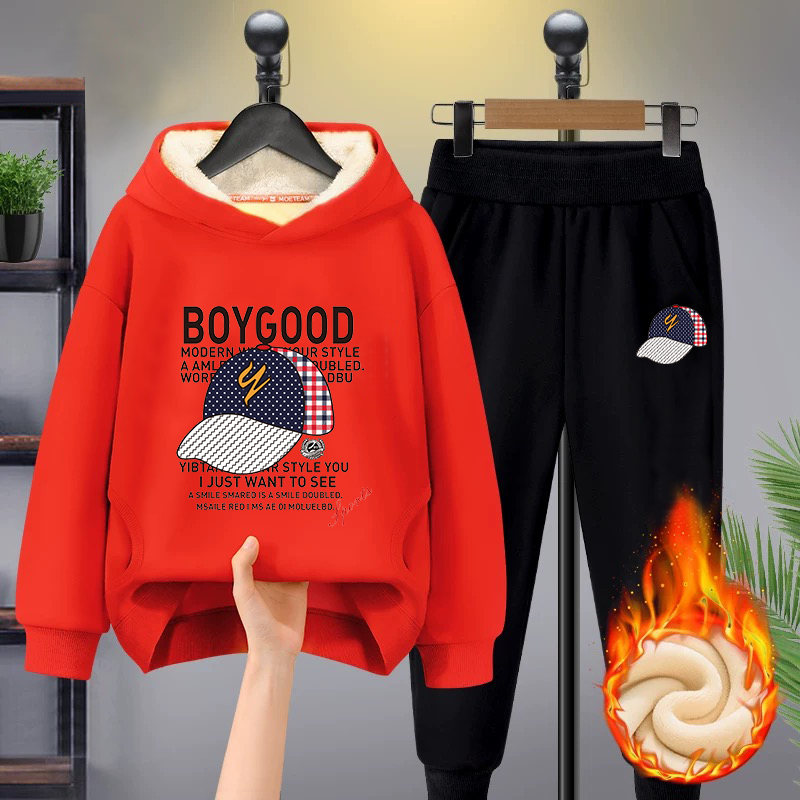 男童加绒加厚连帽卫衣长裤套装胖童加肥加大码保暖两件套中大童潮