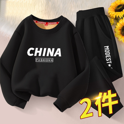 男童加绒套装2024秋冬新款一体绒卫衣卫裤中大童帅气保暖两件套