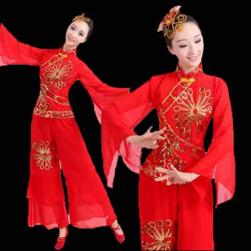 民族舞蹈服装女中老年红灯笼腰鼓演出服新款秧歌服喜庆广场舞套装