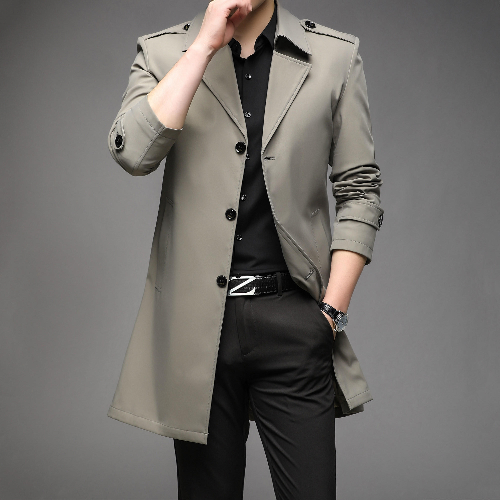 2024 NEW FALL WINTER MENS NEW TRENCH COAT LONG SLIM BUSINESS PLUS COTTON THICKENED LAPEL SLIT TIDE JACKET