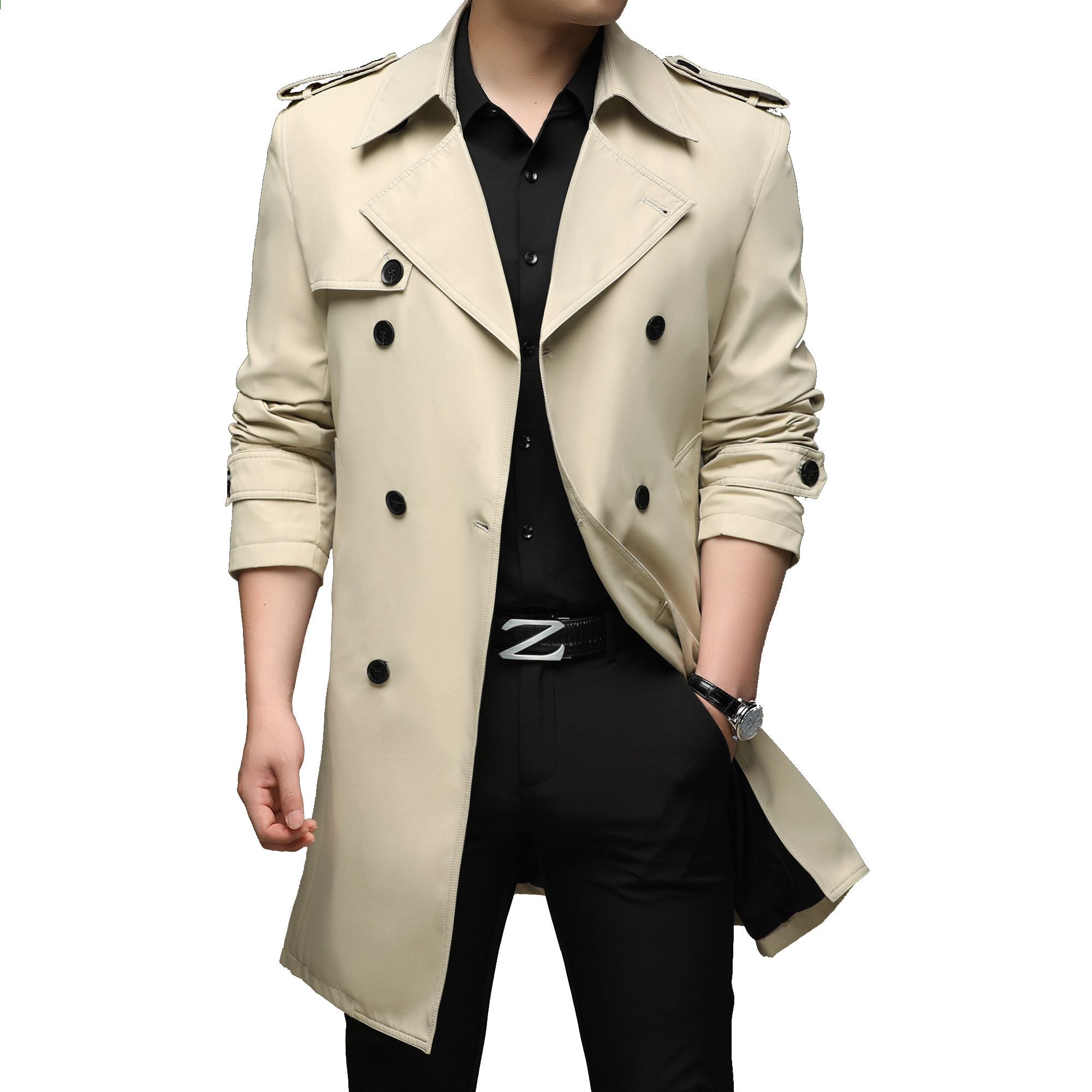 MENS WINDBREAKER 2024 NEW SPRING AND AUTUMN KOREAN VERSION MID-LENGTH BELT JACKET BUSINESS THIN LAPEL TIDE MENS TOP