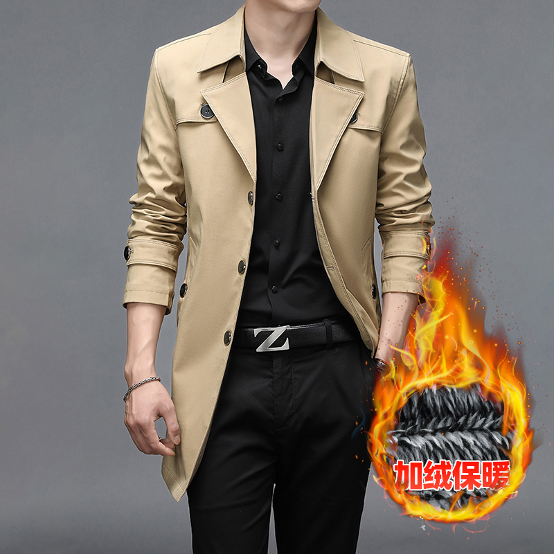 2025新款潮流高端中长款风衣大码休闲翻领男士秋冬季加绒商务外套