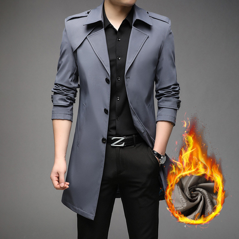 2024 NEW FALL WINTER MENS NEW TRENCH COAT LONG SLIM BUSINESS PLUS COTTON THICKENED LAPEL SLIT TIDE JACKET