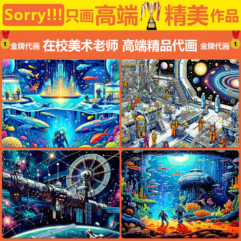 高端创意代画儿童画电脑绘画手抄报科幻画代画画绘本水彩水粉线稿