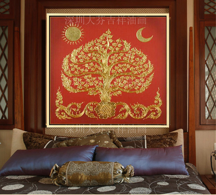 手绘东南亚泰式装饰画幸福树酒店家居玄关壁画金色红底菩提树挂画图片