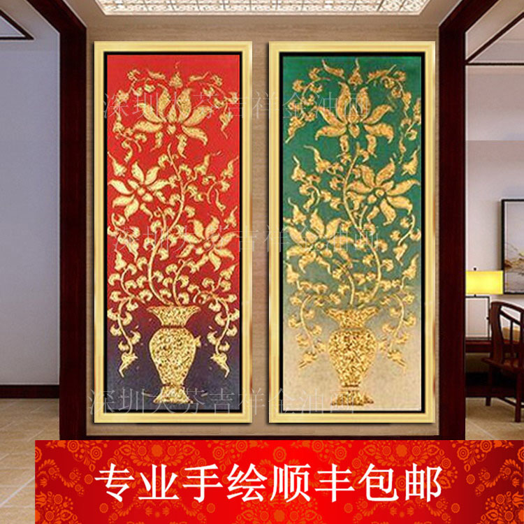 东南亚风格装饰画手绘家居酒店会所玄关壁画金色装饰花树挂画图片