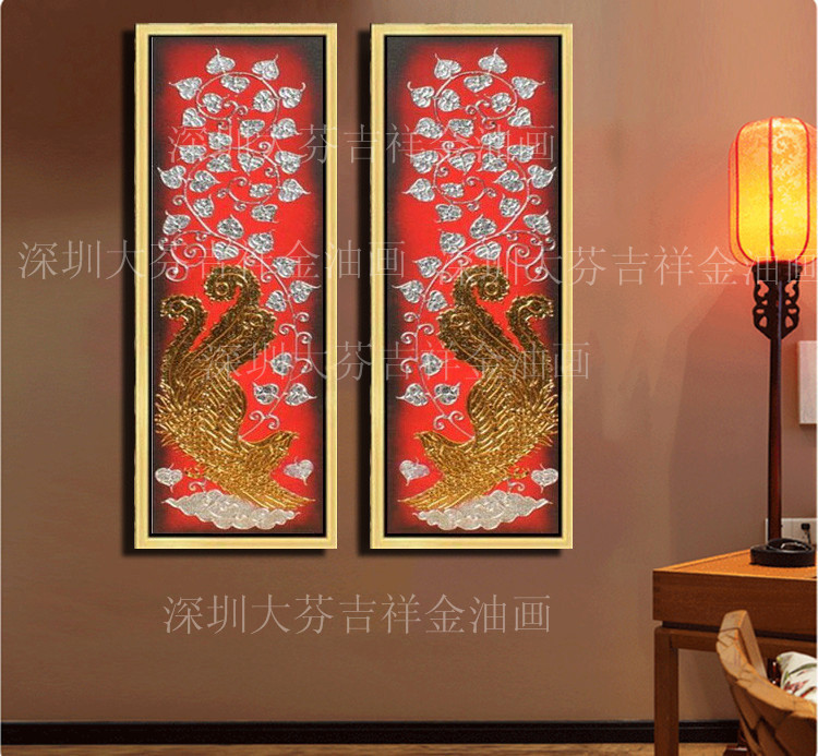 纯手绘优质东南亚装饰画酒店会所玄关壁画吉祥红底凤凰菩提树挂画图片