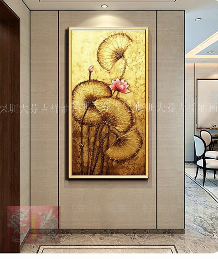 手绘东南亚风格装饰画有框酒店会所家居壁画贴金箔荷花装饰挂画图片