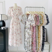 现货实拍海边度假连衣裙女夏性感V领收腰显瘦长款 雪纺碎花沙滩裙