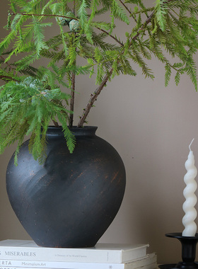 禅意黑色花瓶中古侘寂风大肚陶罐高级感复古鲜花餐桌花器茶室装饰