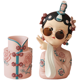 国潮京剧女孩旗袍花瓶摆件一对客厅插花轻奢高档高颜值高级感花屏