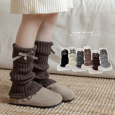 女童袜套复古格子蝴蝶结堆堆袜lolita毛线针织保暖小腿腿套洋气