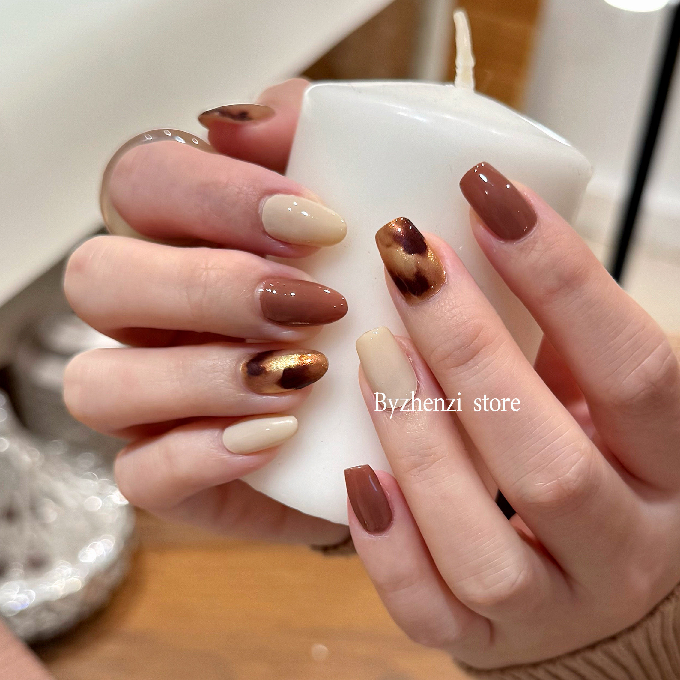 BYZHENZI STORE【沙丘】金色魔镜粉晕染琥珀奶白咖色美甲贴甲油膜,彩妆/香水/美妆工具,穿戴甲/甲片,淘宝优惠券,粉丝福利购,淘宝优惠卷