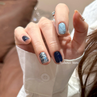 BYZHENZI STOER【费尔岛】显白猫眼蓝色氛围穿戴甲油膜美甲贴持久