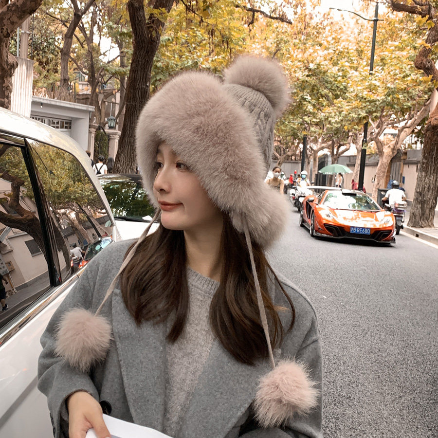 冬季新款狐狸毛皮草雷锋帽 针织加绒毛线帽甜美可爱护耳保暖女帽
