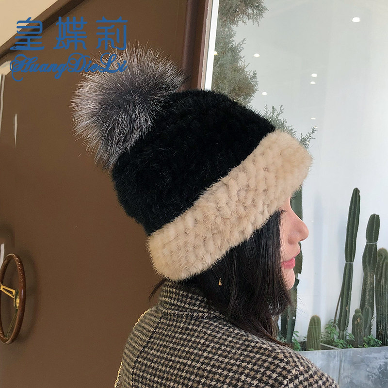 水貂毛帽子女秋冬新款皮草帽韩国可爱狐狸毛球球保暖护耳貂绒女帽