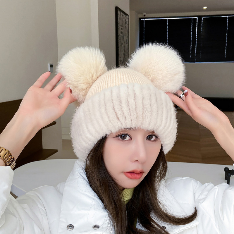 新款皮草帽子水貂毛编织配狐狸毛球球可爱米奇帽冬季保暖卡通女帽
