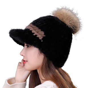 新款休闲水貂帽子皮草帽貉毛大球球帽保暖水貂鸭舌帽裘皮帽冬帽女