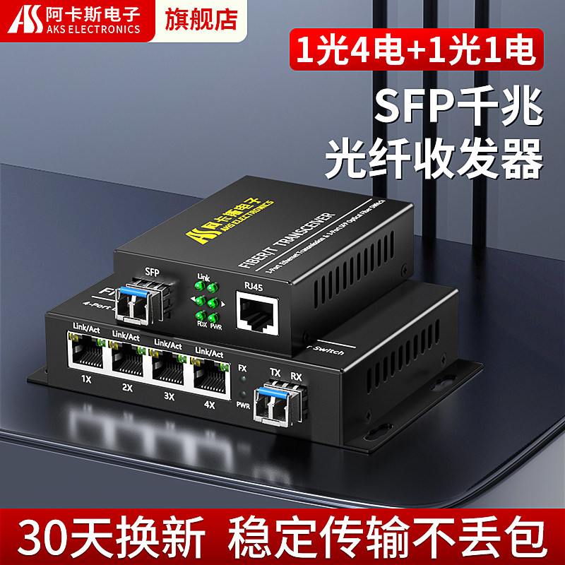 阿卡斯 1光4电千兆光纤收发器SFP光模块单模单纤以太网光电转换器1光1电+一光四电LC/SC光口可选