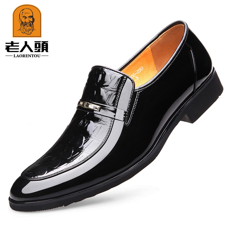 老人头皮鞋男士春季透气商务正装皮鞋真皮男鞋黑色压花新郎结婚鞋