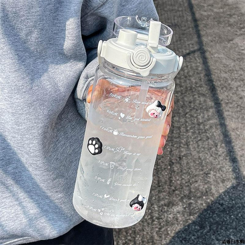 大容量水杯夏季运动双饮杯子吸管带刻度便携男女学生透明水壶日式