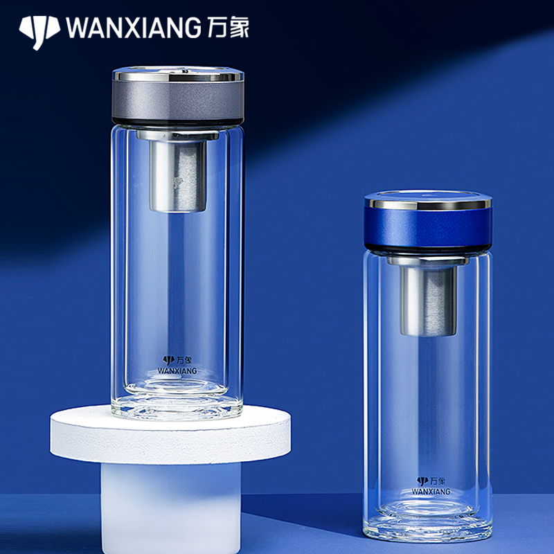 万象新品双层玻璃男女士加厚带过滤网家用办公室便携泡茶杯子水杯